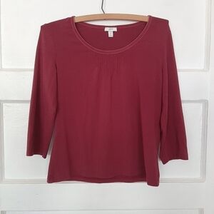 Burgundy Red 3/4 Sleeve Velvet Trim Top Tee